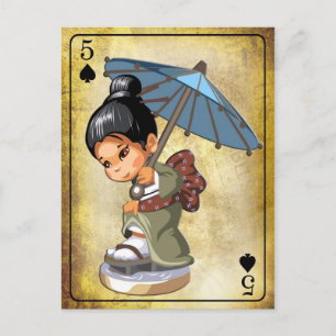 Japanese girl in kimono inspecting her footwear postcard