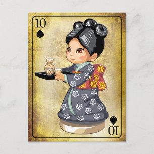 Japanese girl in kimono serving tea postcard