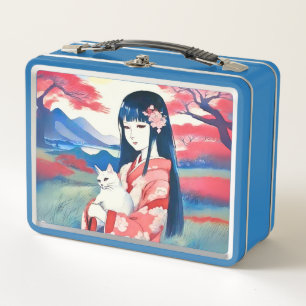 Japanese Girl with a White Cat Metal Lunch Box