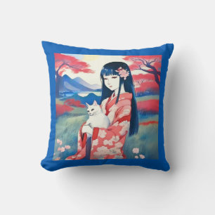 Japanese Girl with a White Cat Throw Pillow