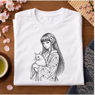 Japanese Girl with a White Cat Tri-Blend Shirt