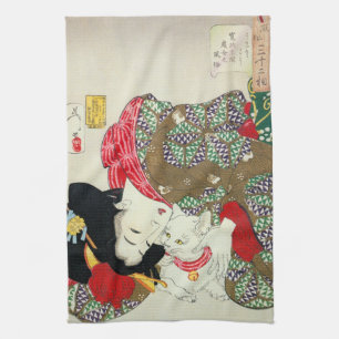 Japanese girl with Cat, Tsukioka Yoshitoshi Kitchen Towel