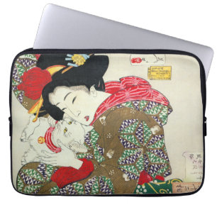 Japanese girl with Cat, Tsukioka Yoshitoshi Laptop Sleeve