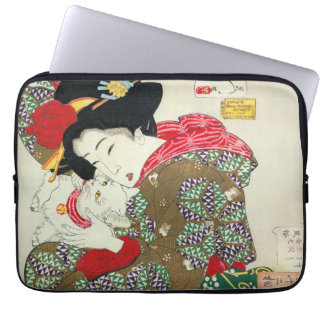 Japanese girl with Cat, Tsukioka Yoshitoshi Laptop Sleeve