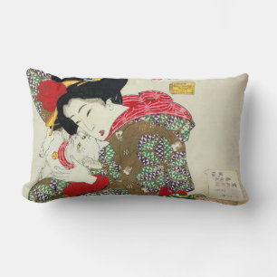 Japanese girl with Cat, Tsukioka Yoshitoshi Lumbar Pillow