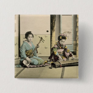 Japanese girls playing the flute, 'koto' and samis 2 inch square button