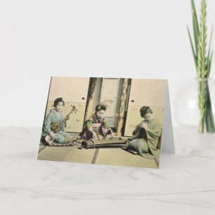 Japanese girls playing the flute, 'koto' and samis card