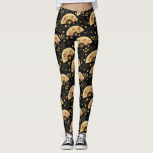 Japanese Gold Fan Sakura Pattern Leggings