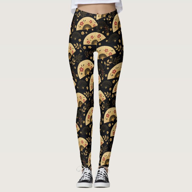 Japanese Gold Fan Sakura Pattern Leggings (Front)