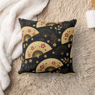 Japanese Gold Fan Sakura Pattern Throw Pillow
