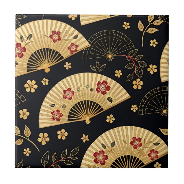 Japanese Gold Fan Sakura Pattern Tile (Front)
