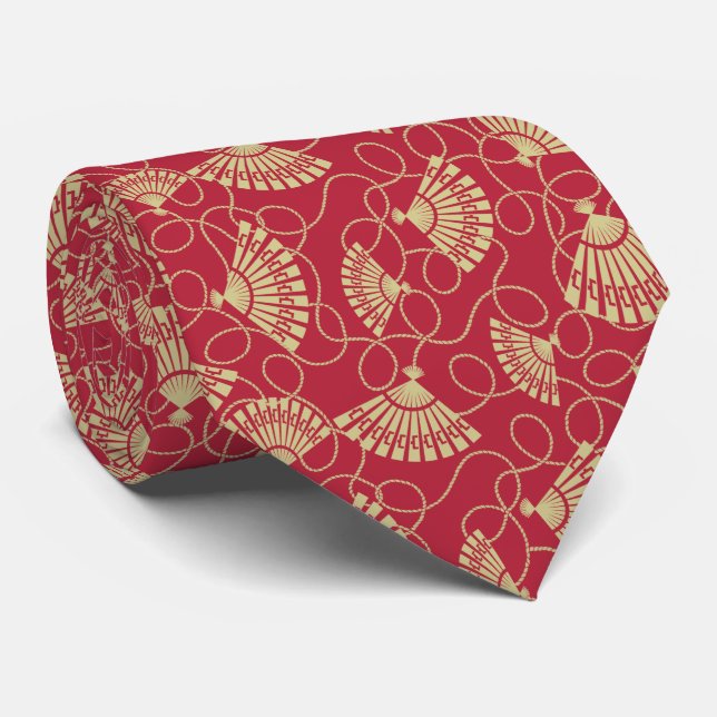 Japanese Gold Fans on Red Tie (Rolled)