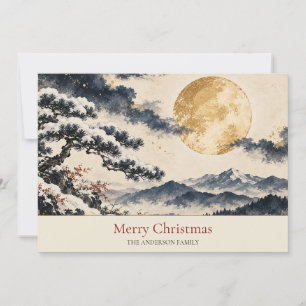 Japanese Gold Moon Snow Pine Mountain Family Name Holiday Card