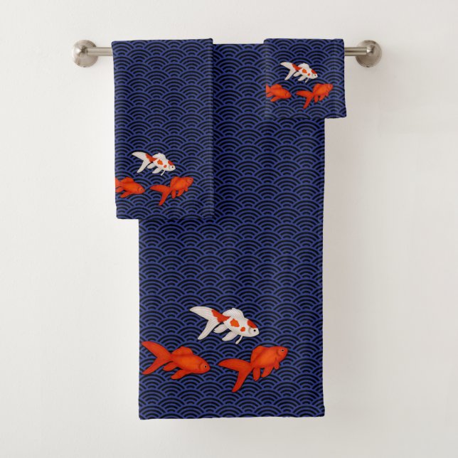 Japanese Goldfish on Seigaiha Waves Pattern Bath Towel Set (Insitu)