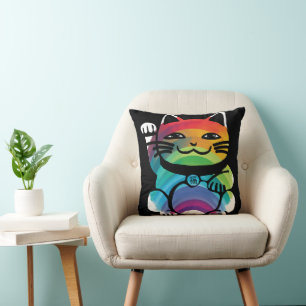 Japanese Good Luck Cat with Rainbow Throw Pillow