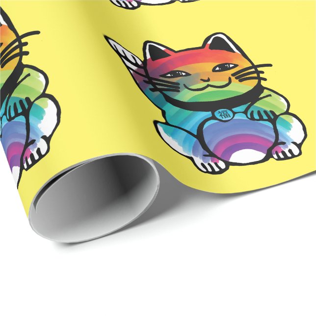 Japanese Good Luck Cat with Rainbow Wrapping Paper (Roll Corner)