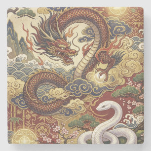 Japanese Good Luck Design: “Dragon and White snake Stone Coaster