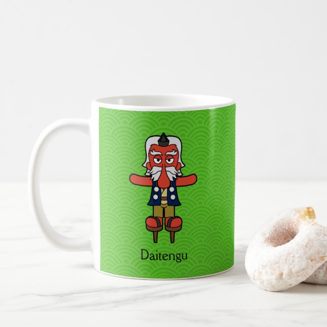 Japanese Great Tengu Warrior: Cartoon Yokai Coffee Mug (With Donut)