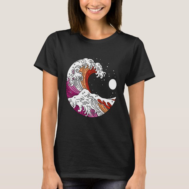 Japanese Great Wave Lesbian Pride Flag WlW Gay Gir T-Shirt (Front)
