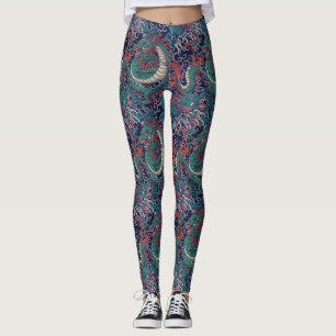 Japanese Green Red Dragon Pattern Leggings