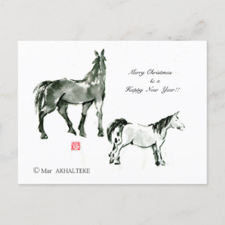 Japanese horse samurai art equestrian sumi holiday postcard