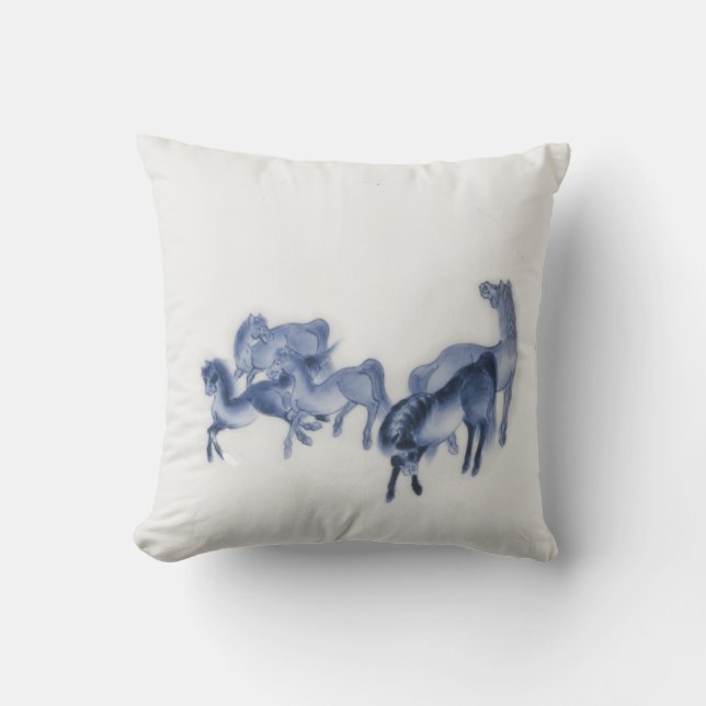 Japanese Horses Antique Reproduction Throw Pillow (Front)