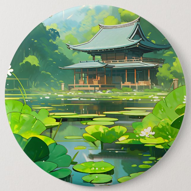 Japanese House and Lake with Green Lily Pads 6 Inch Round Button (Front)