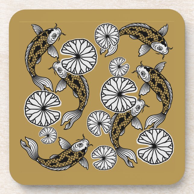 Japanese Indigo Gold Carp Folk Pattern Coaster (Front)