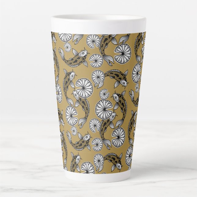 Japanese Indigo Gold Carp Folk Pattern Latte Mug (Front)