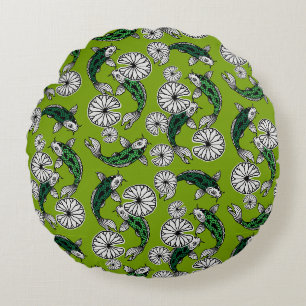 Japanese Indigo Green Carp Folk Pattern Round Pillow