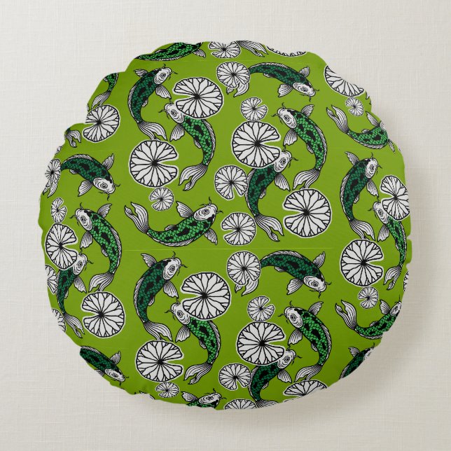 Japanese Indigo Green Carp Folk Pattern Round Pillow (Front)