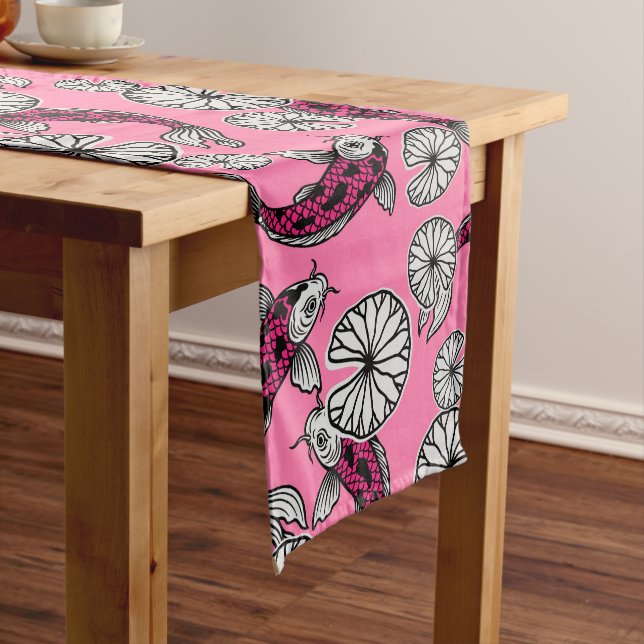 Japanese Indigo Pink Carp Folk Pattern Long Table Runner (In Situ)