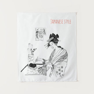 japanese, ink, art, geisha, graphic, tapestry