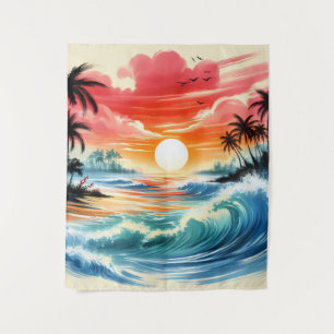 Japanese Ink Drawing Ocean Waves Beach Tapestry 