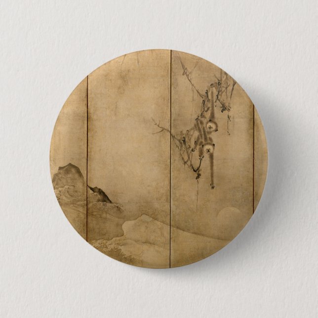 Japanese Ink on paper Gibbons Primates & Landscape 2 Inch Round Button (Front)