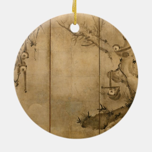 Japanese Ink on paper Gibbons Primates & Landscape Ceramic Ornament (Back)