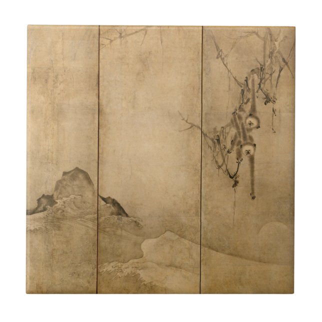Japanese Ink on paper Gibbons Primates & Landscape Tile (Front)