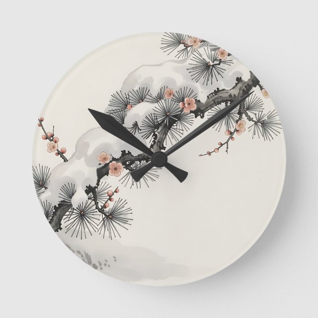 Japanese Ink Pine Plum Blossom Winter  Round Clock (Front)
