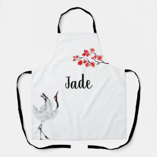 Japanese Ink Printing Sakura And Crane Apron