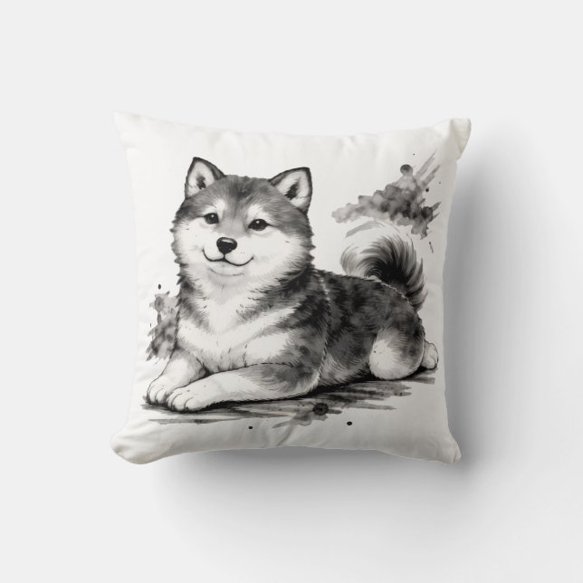 【Japanese Ink Puppy Throw Pillow】 Throw Pillow (Front)