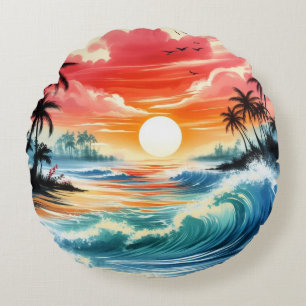 Japanese Ink Style Art Ocean Waves Sunset Palms Round Pillow