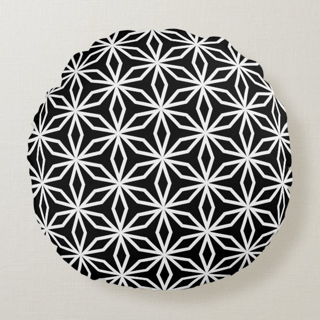 Japanese-Inspired Geometric Black and White  Round Pillow (Front)