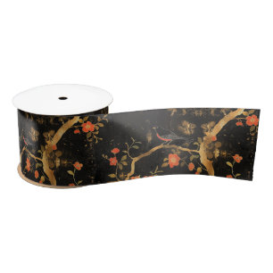 Japanese-inspired Golden Tree Branch & Blossoms Satin Ribbon