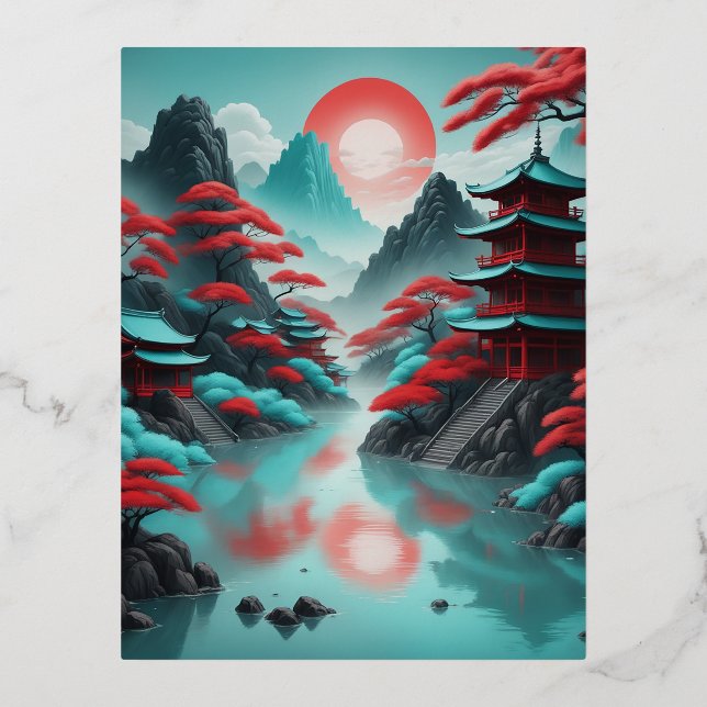 Japanese-inspired motifs foil holiday postcard (Front)