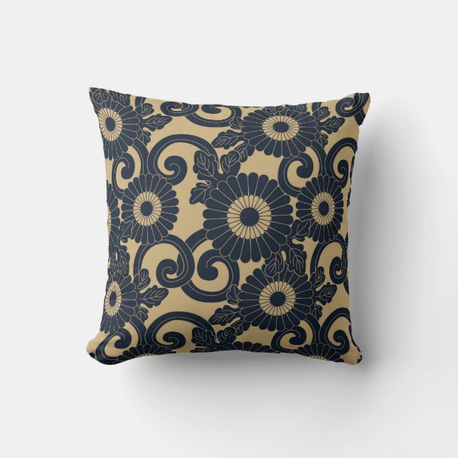 Japanese inspired pattern indigo and tan design 5 throw pillow (Front)