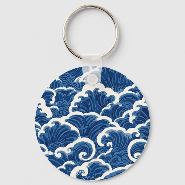 Japanese-Inspired Seamless Ocean Wave Pattern Keychain (Front)