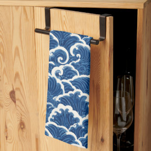 Japanese-Inspired Seamless Ocean Wave Pattern Kitchen Towel
