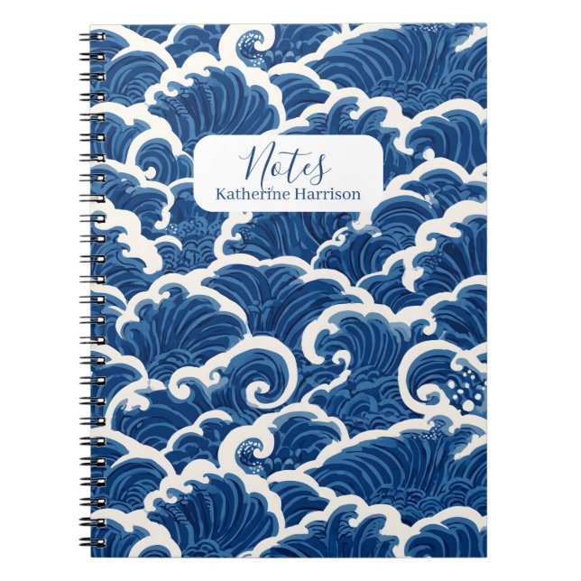 Japanese-Inspired Seamless Ocean Wave Pattern Notebook (Front)