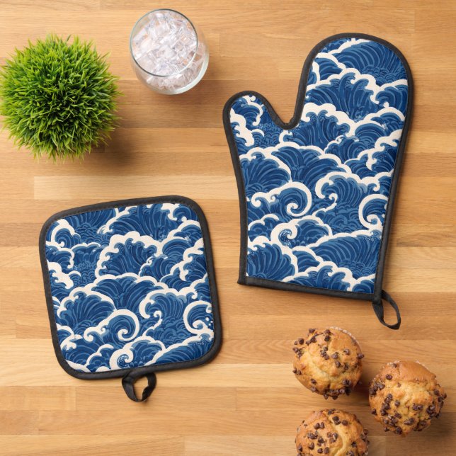 Japanese-Inspired Seamless Ocean Wave Pattern Oven Mitt & Pot Holder Set (Top Down)