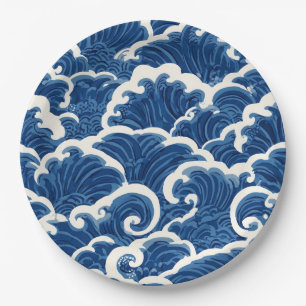 Japanese-Inspired Seamless Ocean Wave Pattern Paper Plate